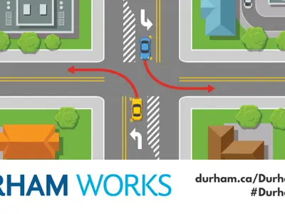 An animated image of two cars at an intersection showing them turning left with the POLT lanes. Text states: Durham Works, durham.ca/DurhamWorks, #DurhamWorks.