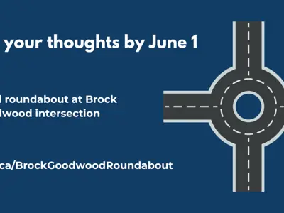Dark blue background with a graphic of a roundabout and the text, “Share your thoughts by June 1. Proposed roundabout at Brock and Goodwood intersection, durham.ca/BrockGoodwoodRoundabout.