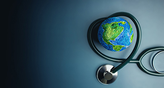 Earth wrapped in a heart shaped stethoscope