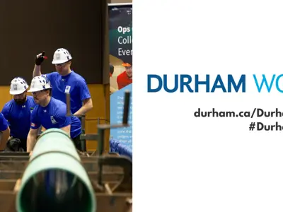 Image of participants working in a competition with the text "Durham Works durham.ca/DurhamWorks #DurhamWorks"