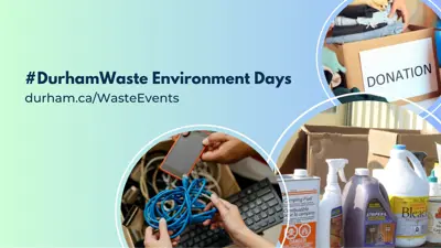 Donation bin with clothes, household hazardous waste materials, cords, phones and various electronics; #DurhamWaste Environment Days, durham.ca/WasteEvents.